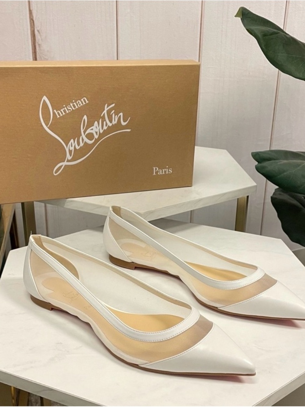 Christian Louboutin White and Nude Pointed Ballet Flats